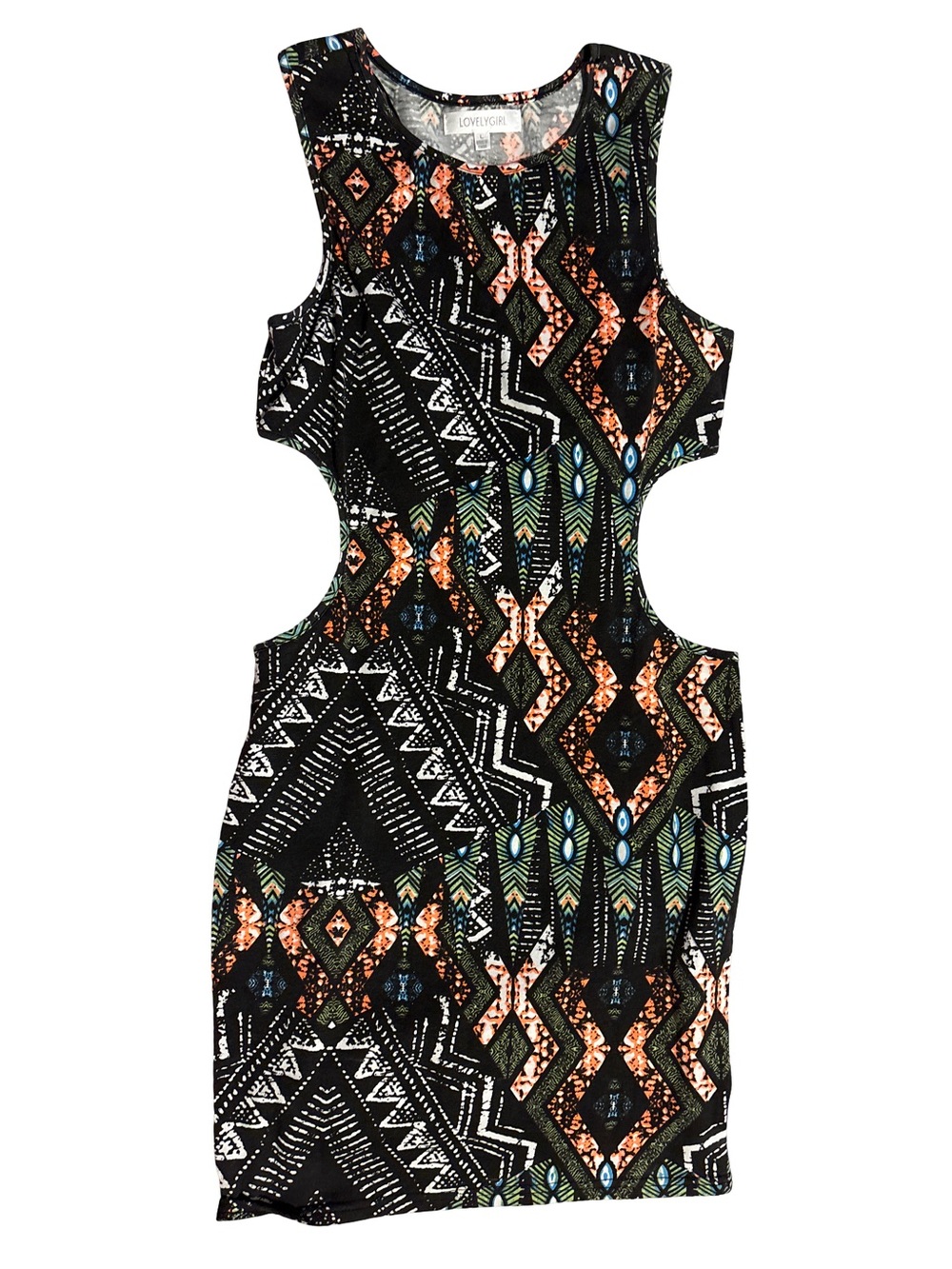 LovelyGirl Black Tribal Cutout Mini Dress with Orange & Blue Accents